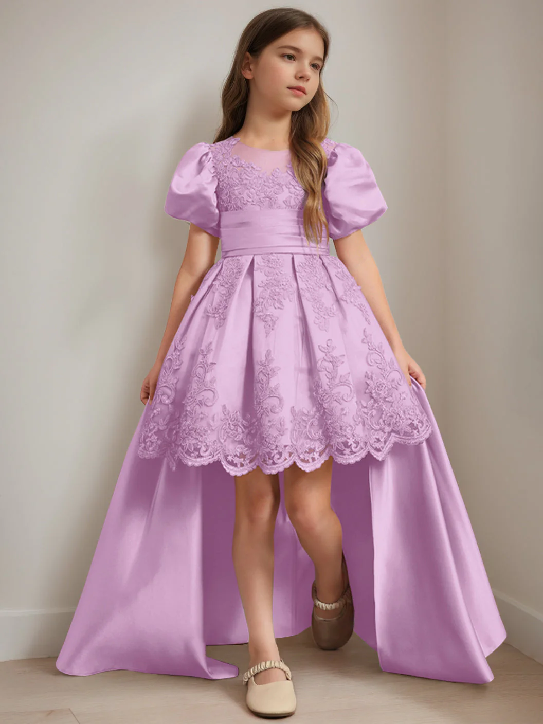 Ball-Gown Scoop Neck Short Sleeves Knee-Length Flower Girl Dress with Appliques - Image 23