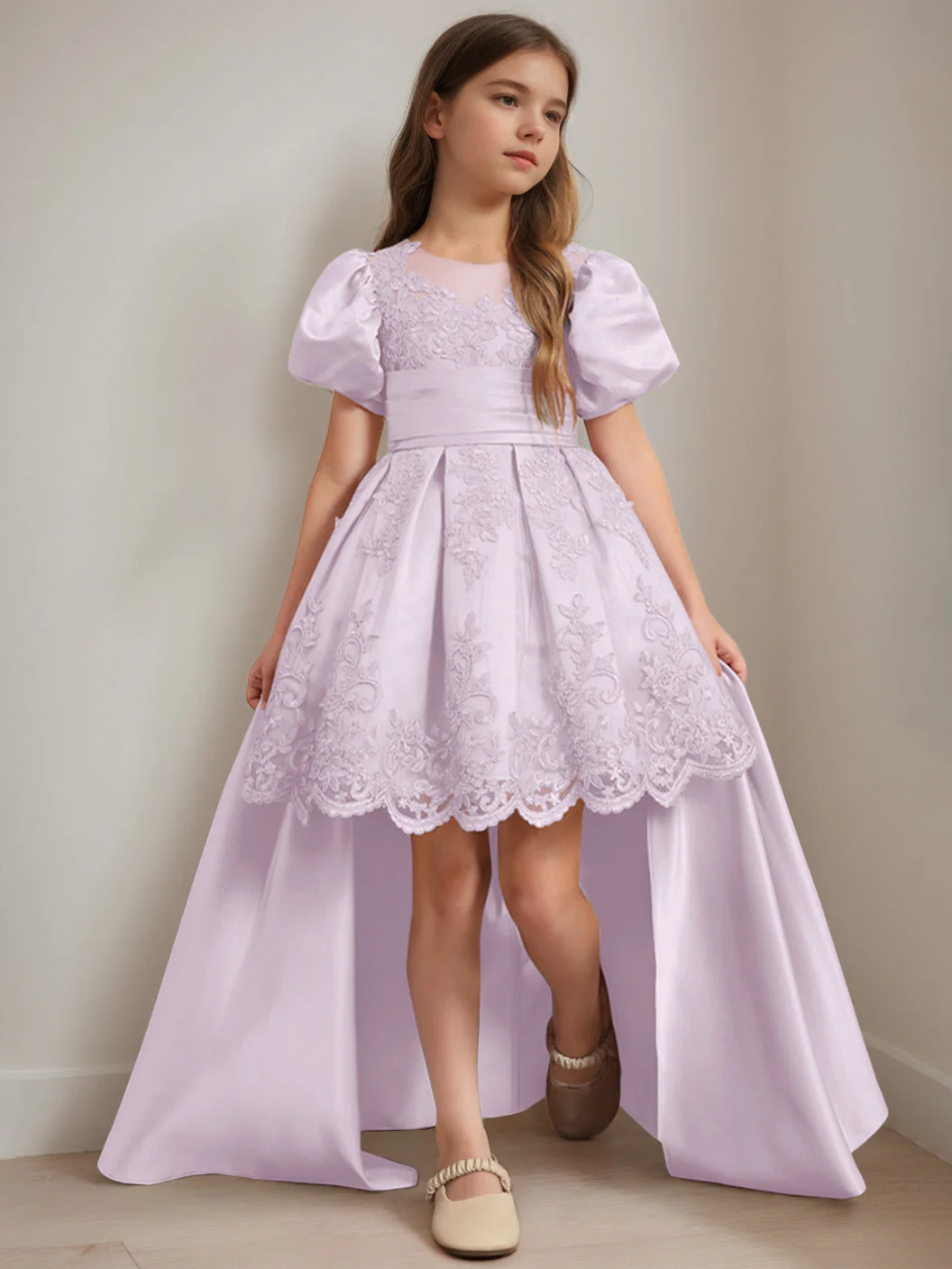 Ball-Gown Scoop Neck Short Sleeves Knee-Length Flower Girl Dress with Appliques - Image 24