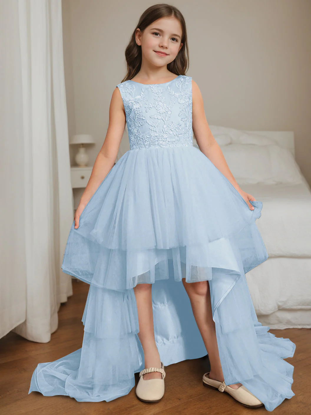 Ball-Gown Scoop Neck Sleeveless Asymmetrical Flower Girl Dress with Bowknot - Image 16