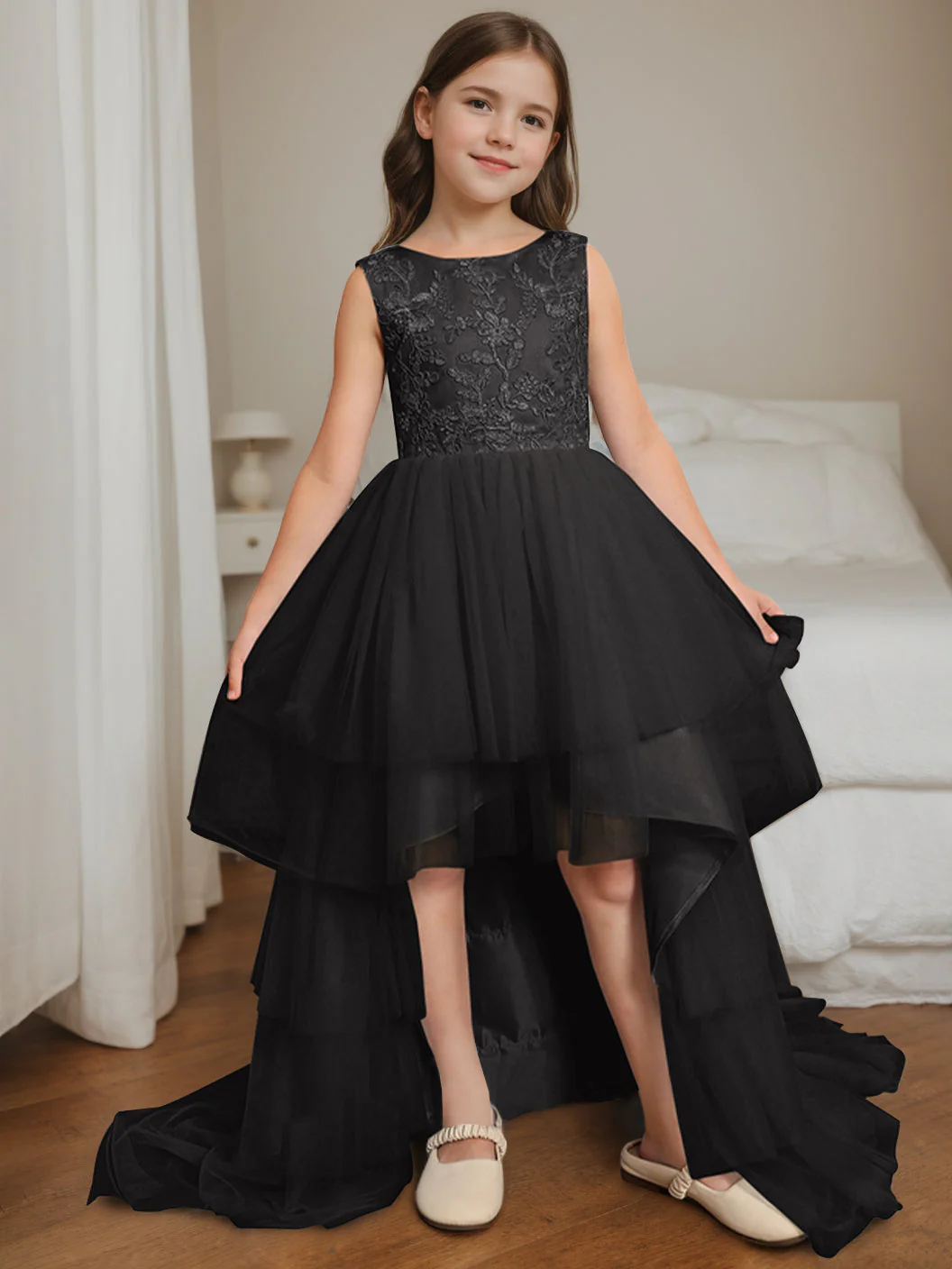 Ball-Gown Scoop Neck Sleeveless Asymmetrical Flower Girl Dress with Bowknot - Image 5
