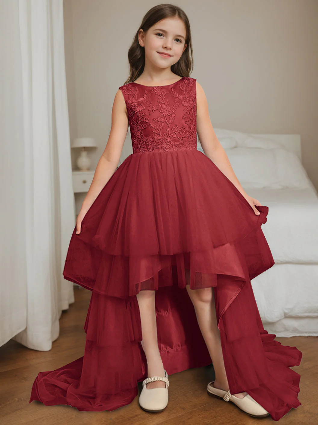 Ball-Gown Scoop Neck Sleeveless Asymmetrical Sweep Train Flower Girl Dress with Lace - Image 7