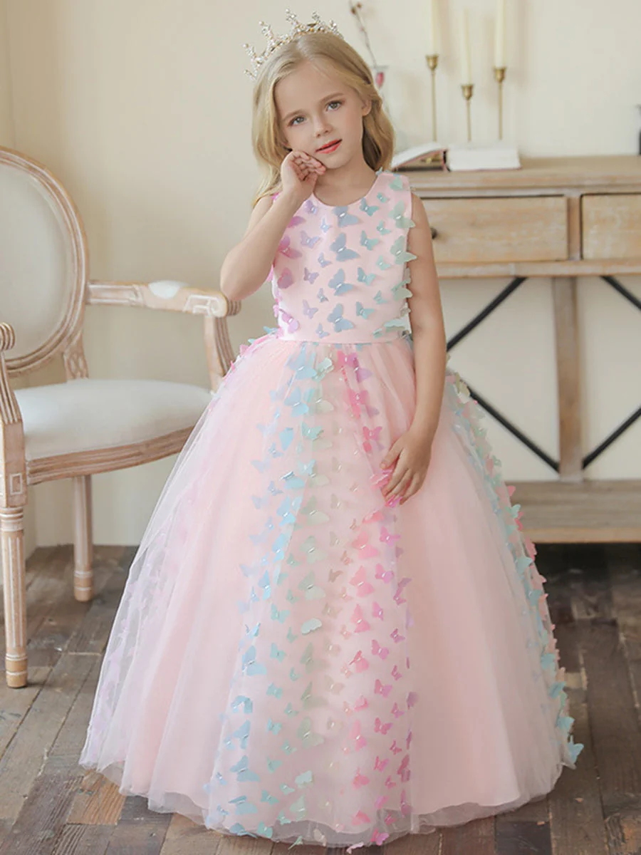 Ball Gown Scoop Neck Sleeveless Floor-Length Flower Girl Dress with 3D Butterfly - Image 3