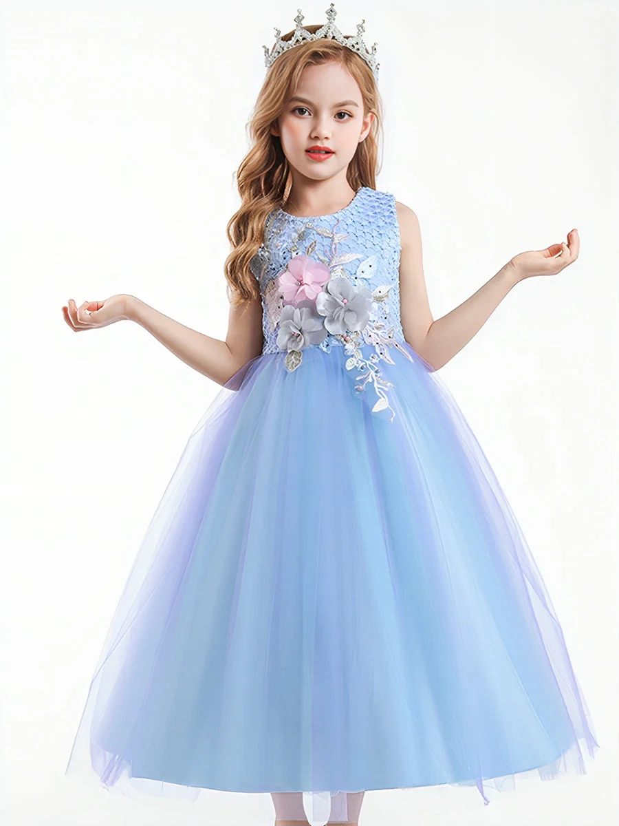 Ball Gown Scoop Neck Sleeveless Gradient Tulle Flower Girl Dress with Appliques & Embroidery - Image 3