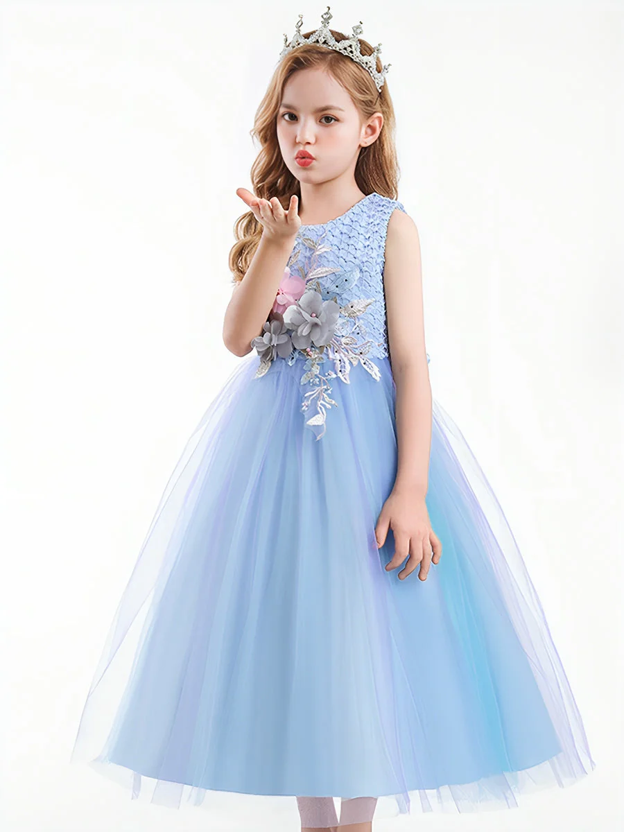 Ball Gown Scoop Neck Sleeveless Gradient Tulle Flower Girl Dress with Appliques & Embroidery - Image 4