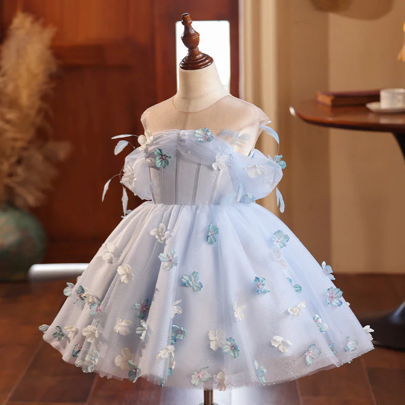 Ball Gown Scoop Neck Sleeveless Pleated Elegant Flower Girl Dress with Feather & Flower - Image 5