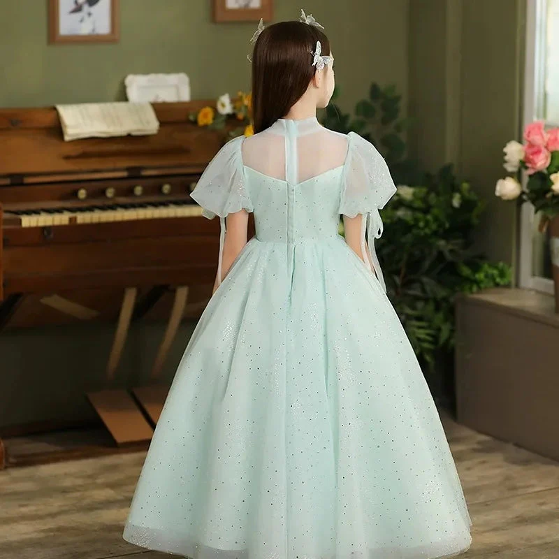 Ball Gown Short Sleeves Floor Length Flower Girl Party Dress with Rhinestone & Bow - Image 2