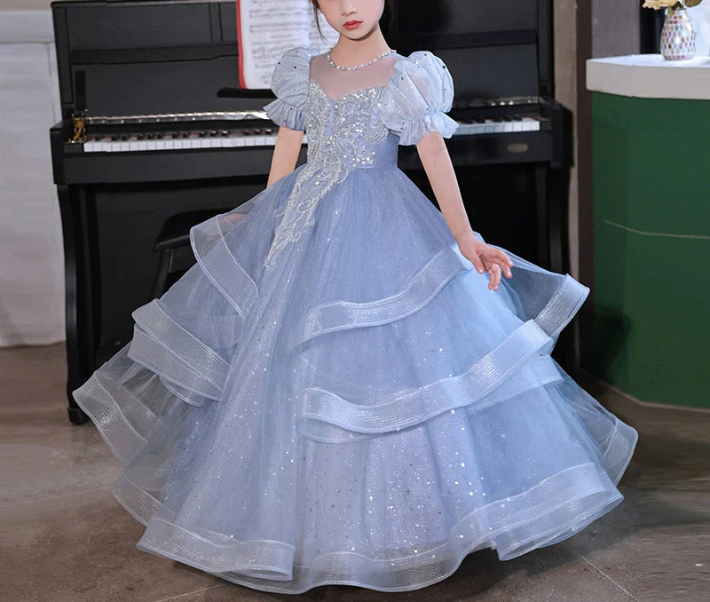 Ball Gown Short Sleeves Flower Girl Party Dresses with Rhinestone Appliques - Image 3