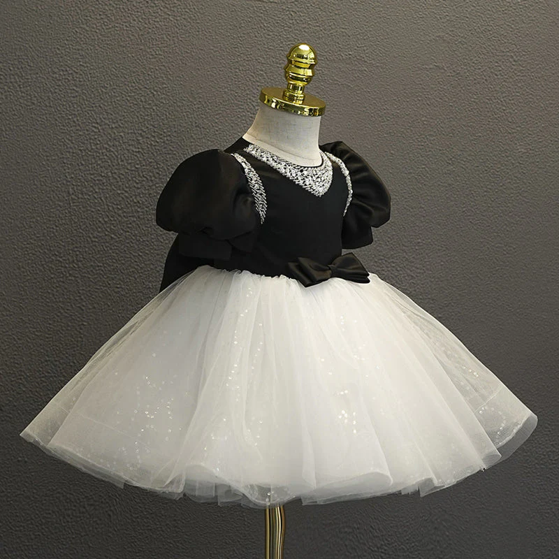 Ball Gown Short Sleeves Knee-Length Baby Girl Party Dress with Bow & Rhinestones - Image 2