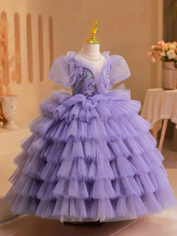 Ball Gown Short Sleeves Multi-Layered Tulle Girl Party Dresses with Appliques - Image 4