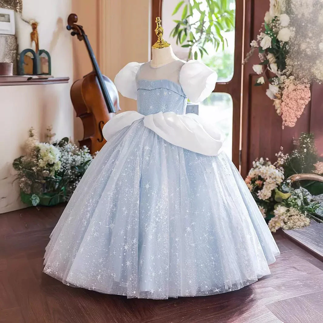 Ball Gown Short Sleeves Round Neck Flower Girl Party Dress with Rhinestone - Image 3