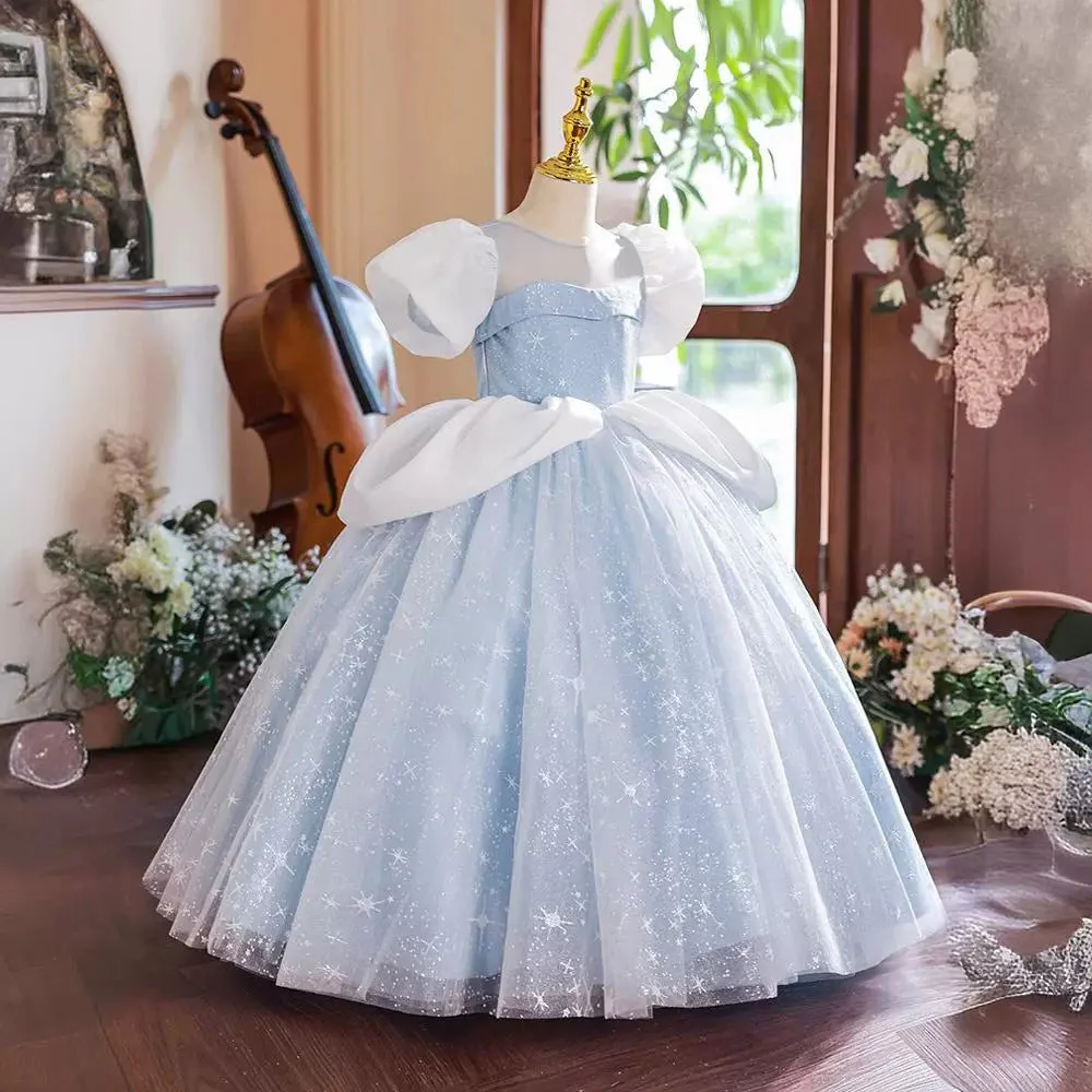 Ball Gown Short Sleeves Round Neck Flower Girl Party Dress with Rhinestone - Image 5