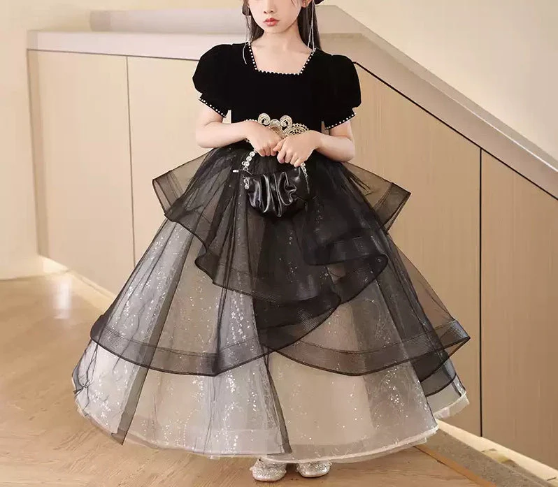 Ball Gown Square Neck Beaded Short Sleeves Girl Party Dress with Rhinestones Sash - Image 4