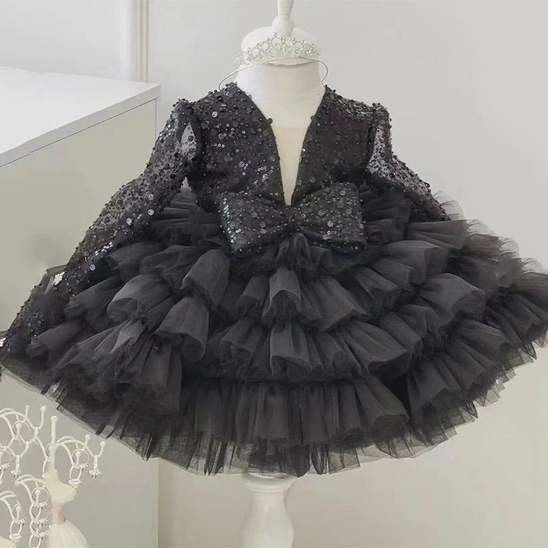 Ball Gown Square Neck Long Sleeves Sparkling Sequins Flower Girl Dress with Ruffles & Bow - Image 4