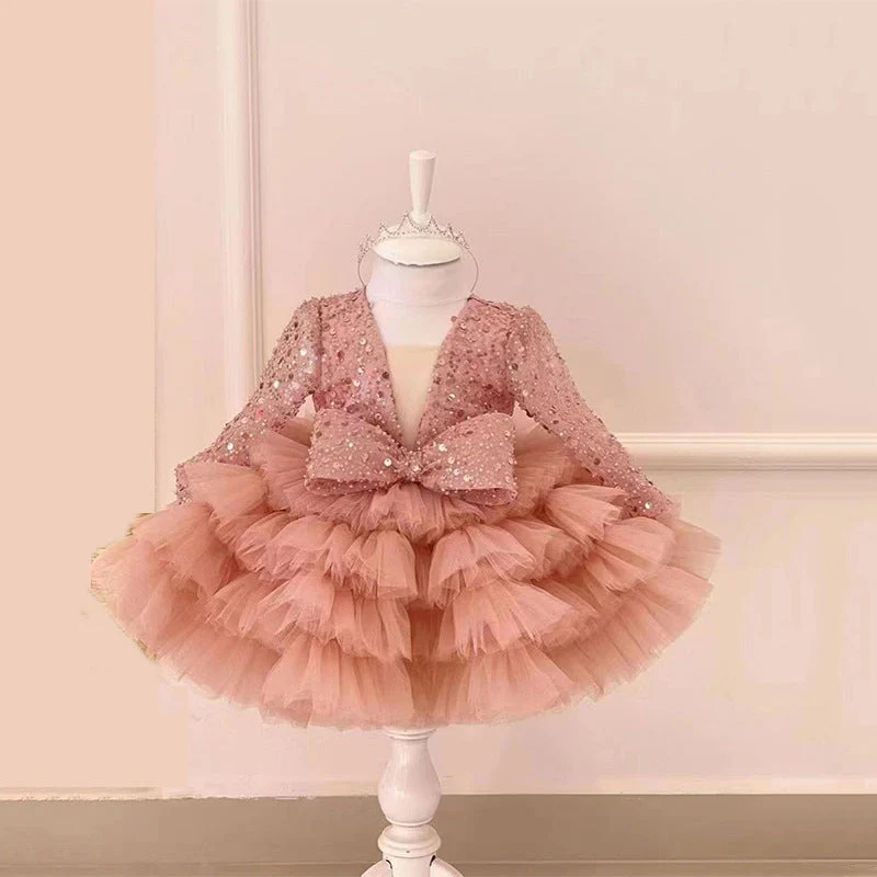 Ball Gown Square Neck Long Sleeves Sparkling Sequins Flower Girl Dress with Ruffles & Bow - Image 5