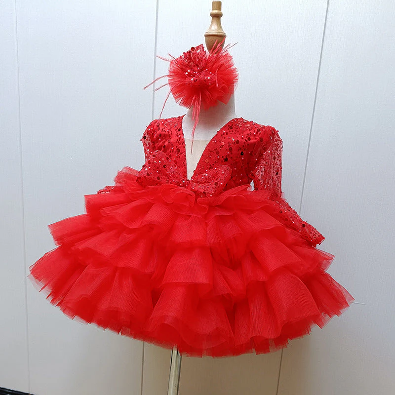 Ball Gown Square Neck Long Sleeves Sparkling Sequins Flower Girl Dress with Ruffles & Bow - Image 6