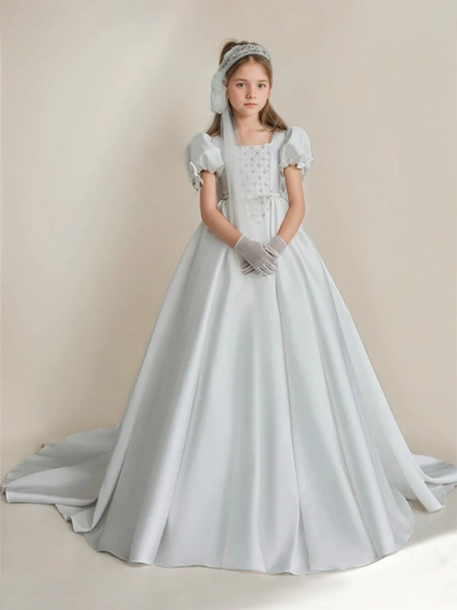 Ball-Gown Square Neckline Short Sleeves Sweep Train Flower Girl Dresses with Bows - Image 2