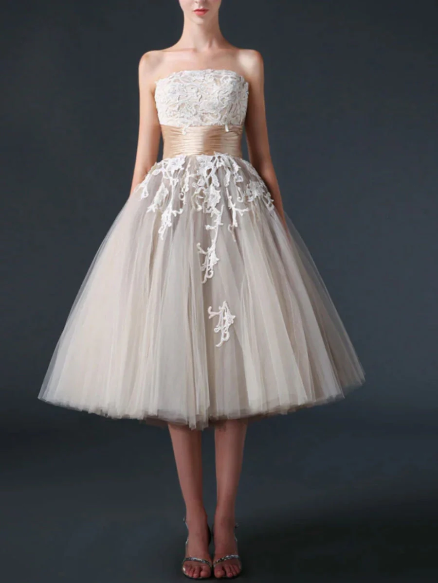 Ball Gown Strapless Lace Tulle Little White Dresses Ruffle Sash Wedding Dresses Tea Length