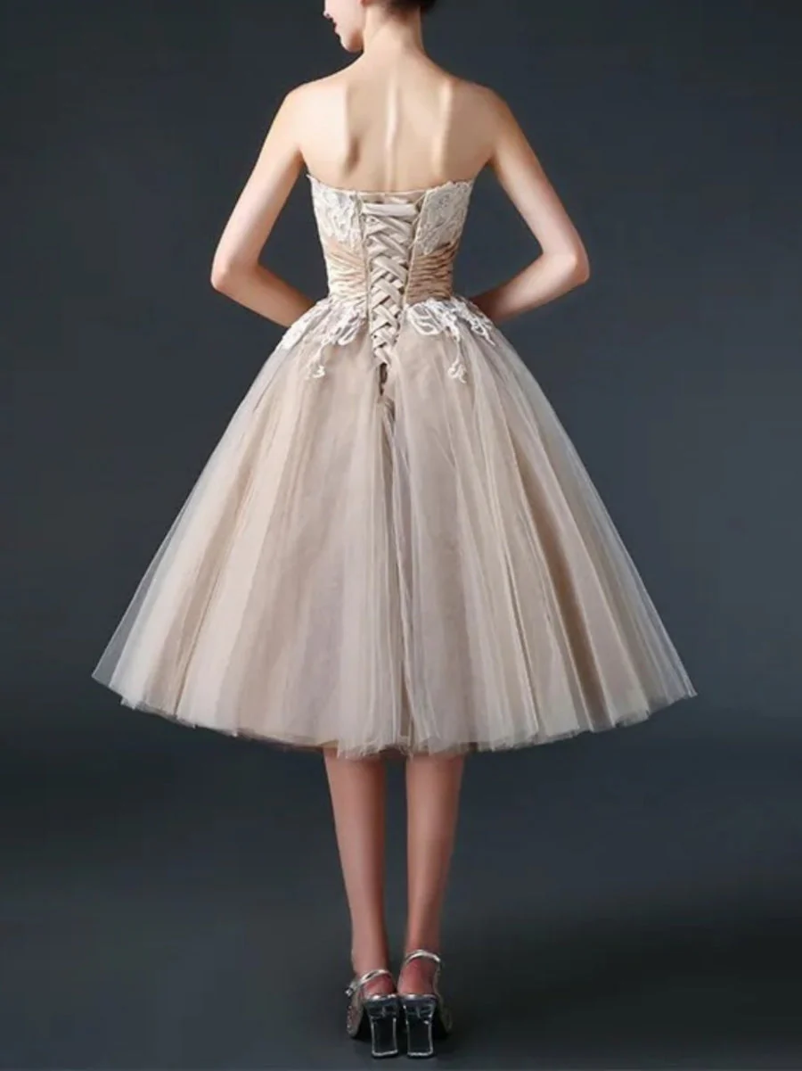 Ball Gown Strapless Lace Tulle Little White Dresses Ruffle Sash Wedding Dresses Tea Length - Image 2