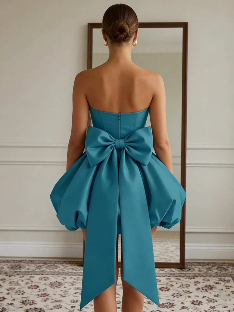 Ball Gown Strapless Satin Homecoming Dresses with Bowknot Short/Mini Sleeveless - Image 2