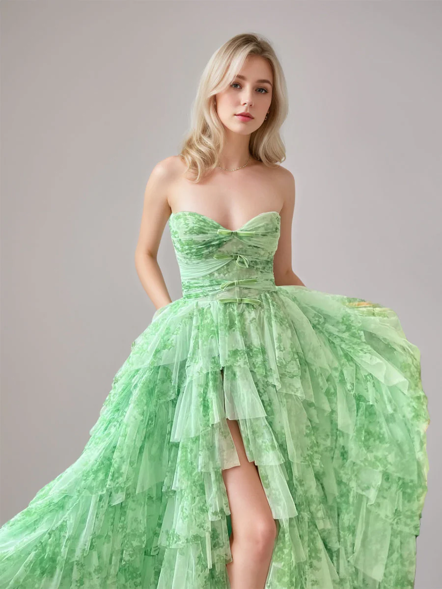 Ball Gown Strapless Sleeveless Printed Floral Prom Dresses with Split Side & Bowknot & Ruffles
