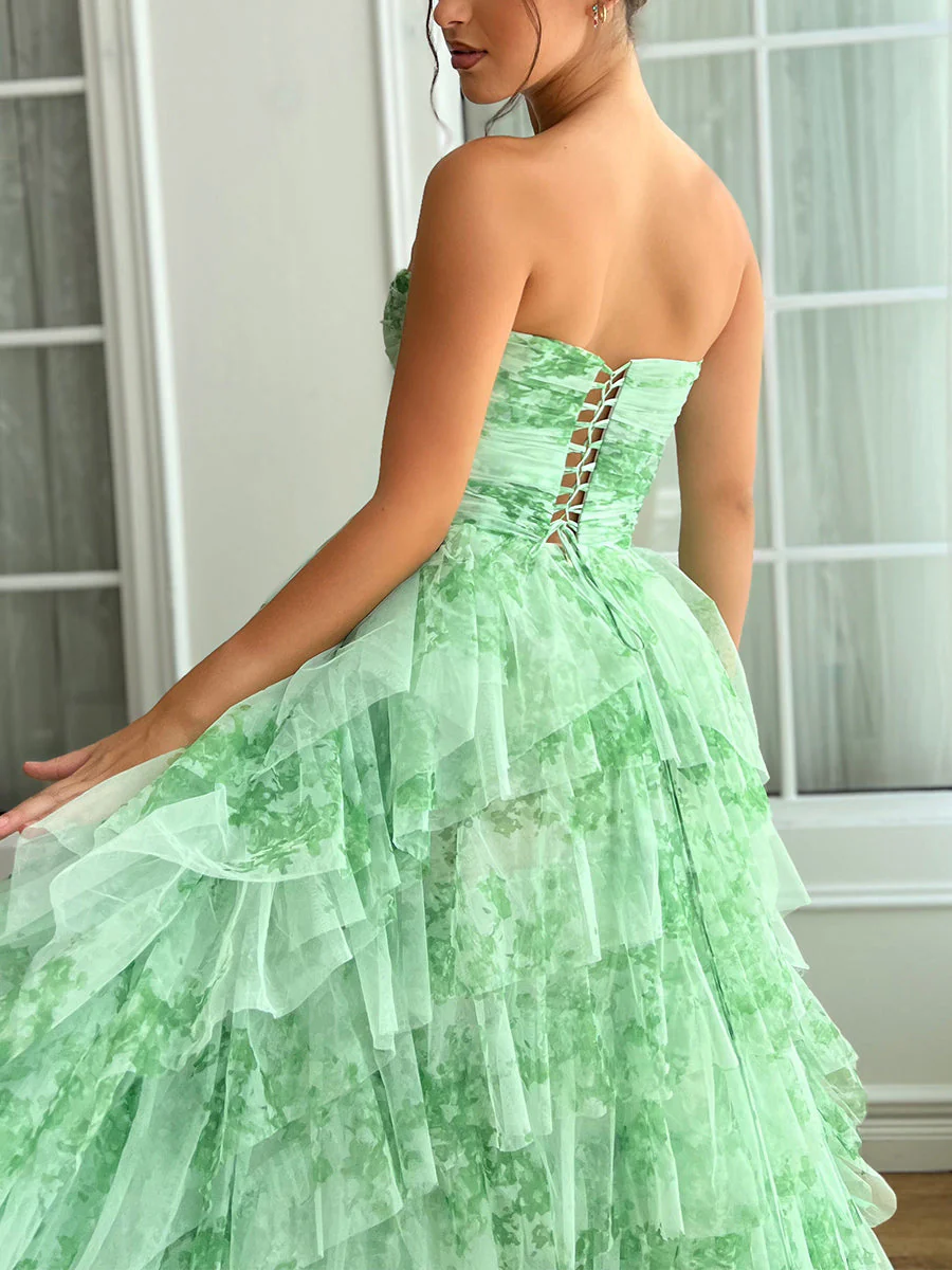 Ball Gown Strapless Sleeveless Printed Floral Prom Dresses with Split Side & Bowknot & Ruffles - Image 2