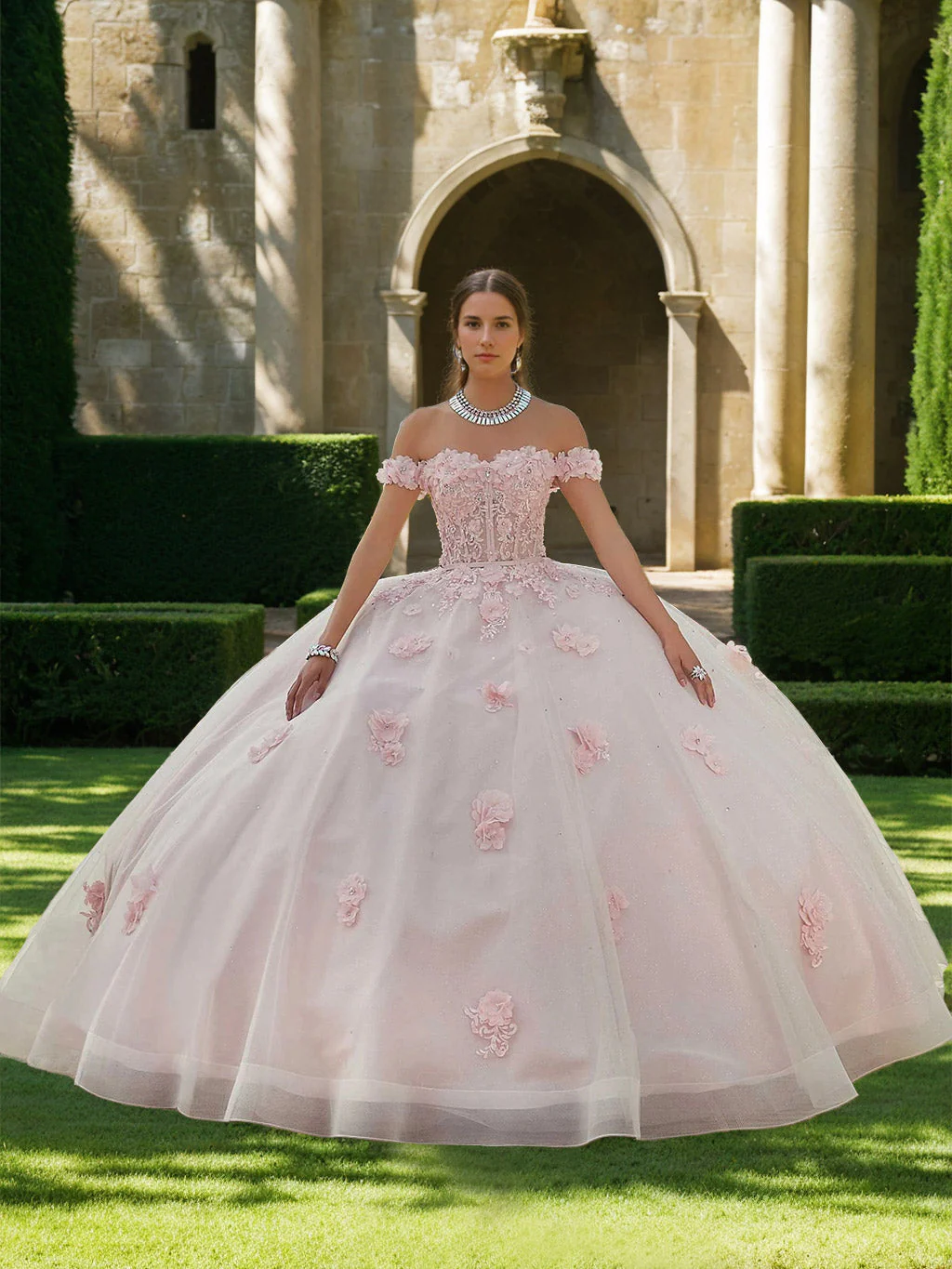 Ball Gown Sweetheart Off-the-Shoulder Sleeveless Floor-length Tulle Long Prom Dresses with Appliques & Flowers - Image 5
