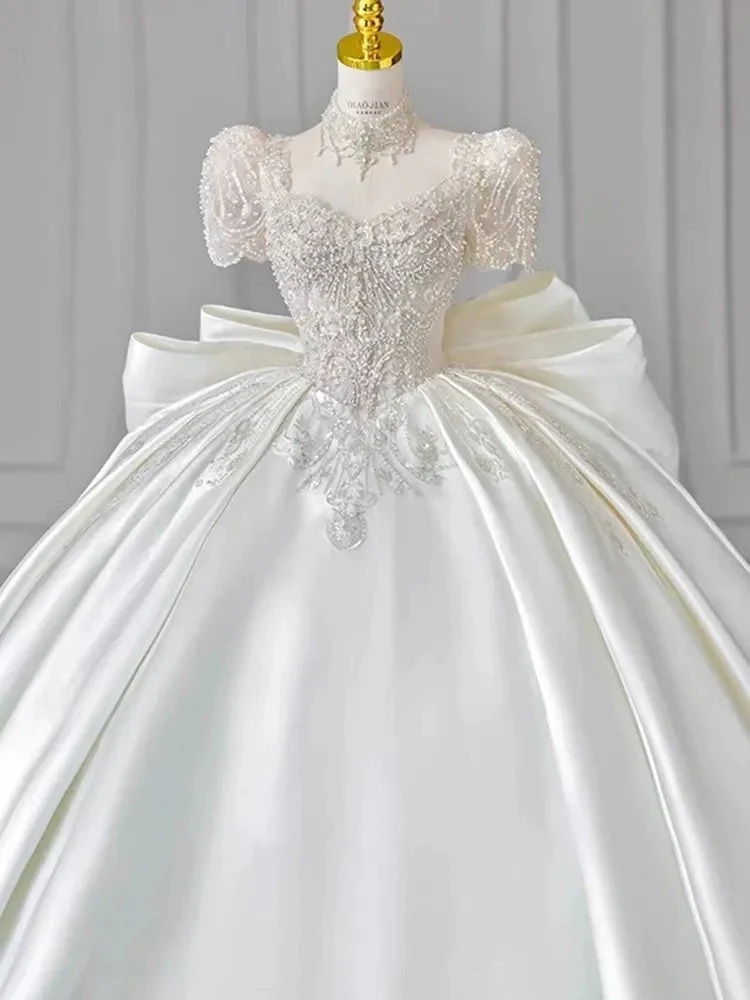 Ball Gown Sweetheart Short Sleeves Floor-Length Wedding Dresses with Lace Appliques & Beads & Oversized Bow - Image 3