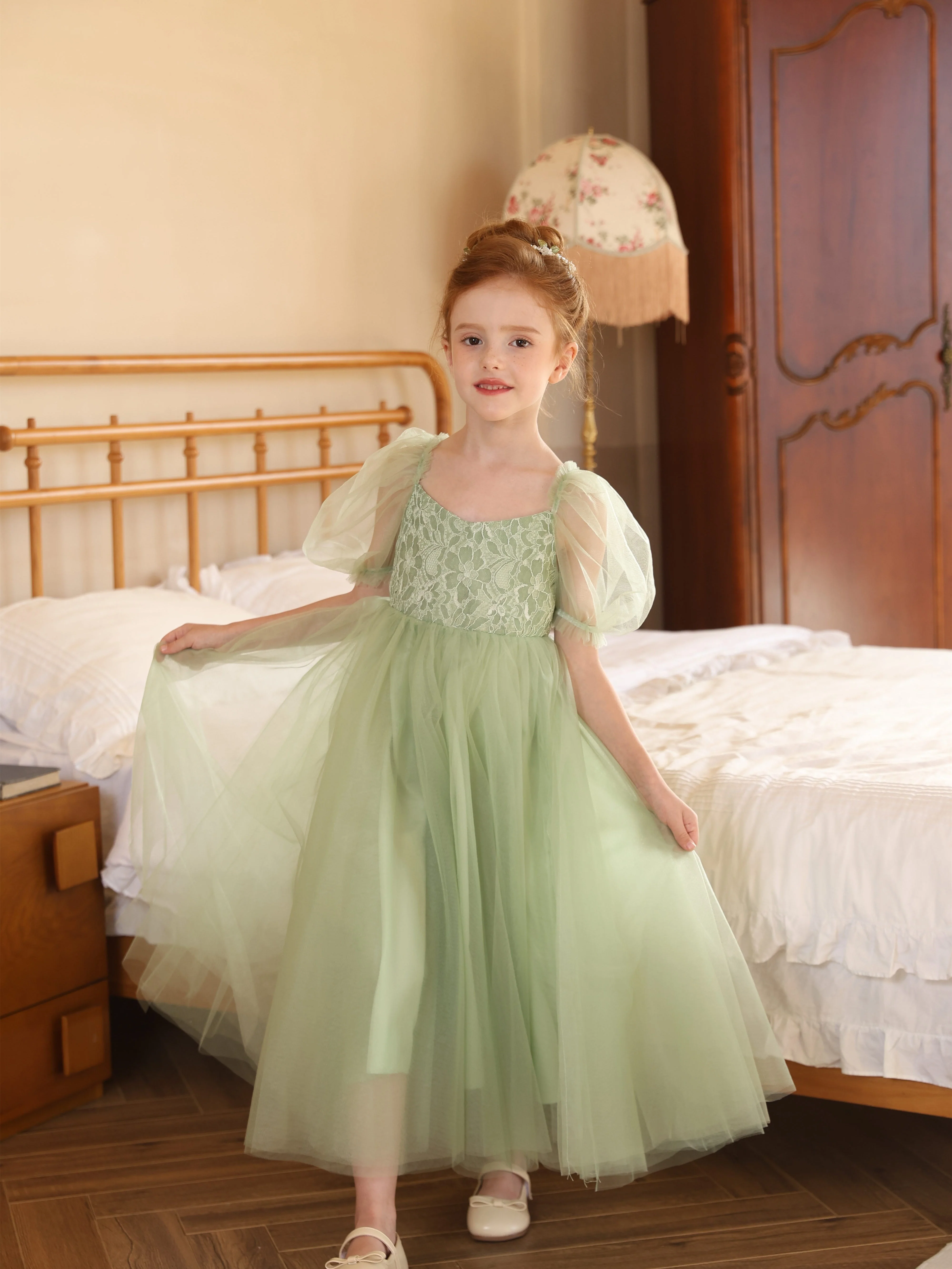 Ball-Gown Tulle Scoop Short Sleeves Tea-Length Flower Girl Dresses - Image 2