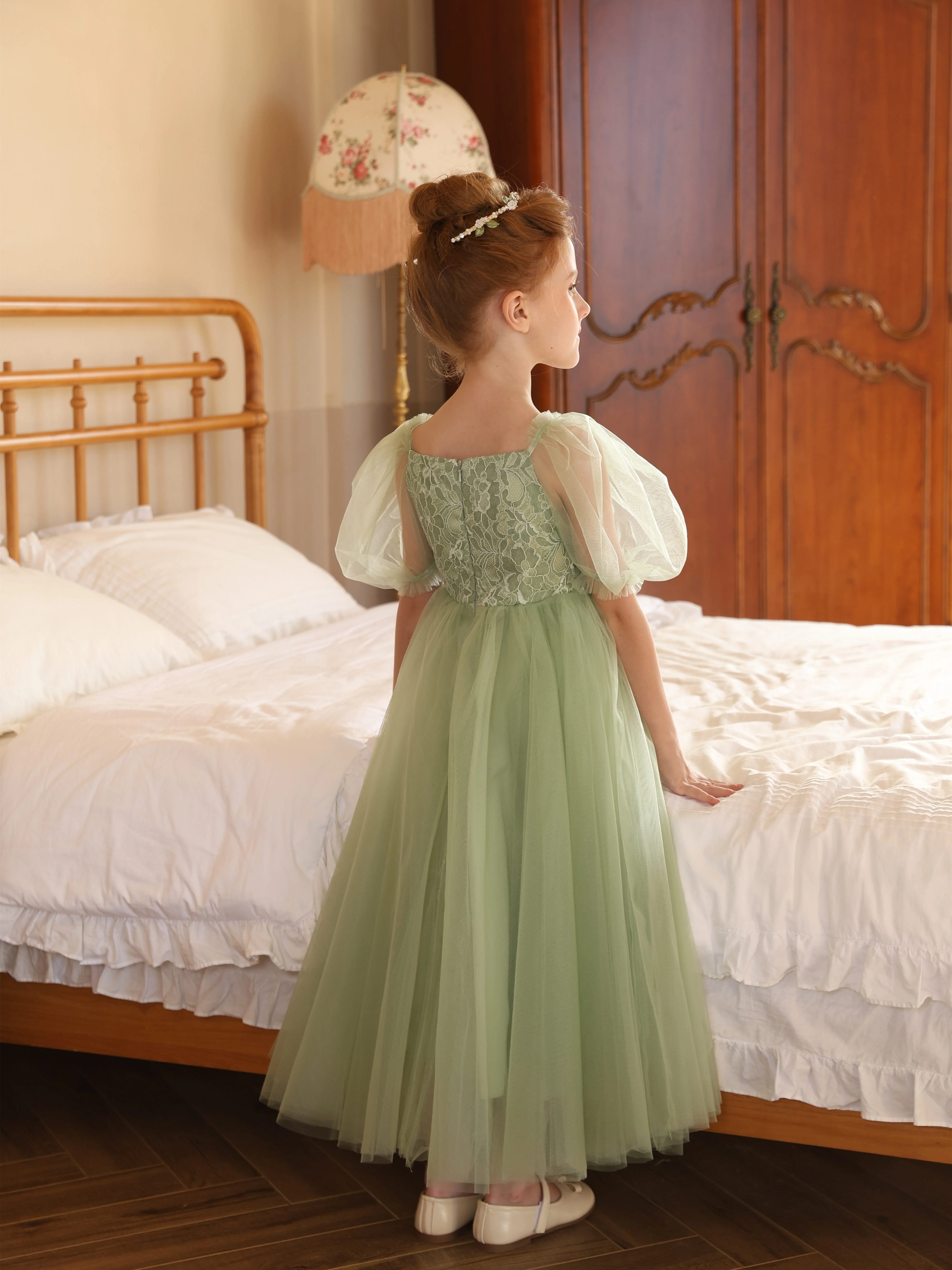 Ball-Gown Tulle Scoop Short Sleeves Tea-Length Flower Girl Dresses - Image 5