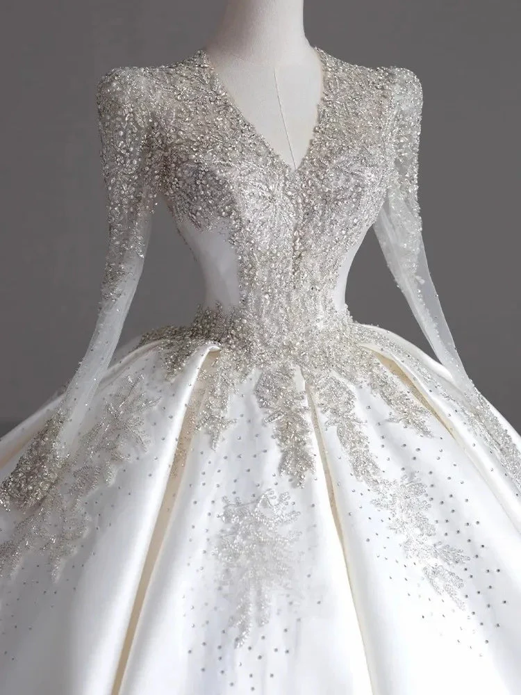 Ball Gown V-Neck Long Sleeves Pleated Floor-Length Wedding Dresses with Jewel Appliques - Image 4