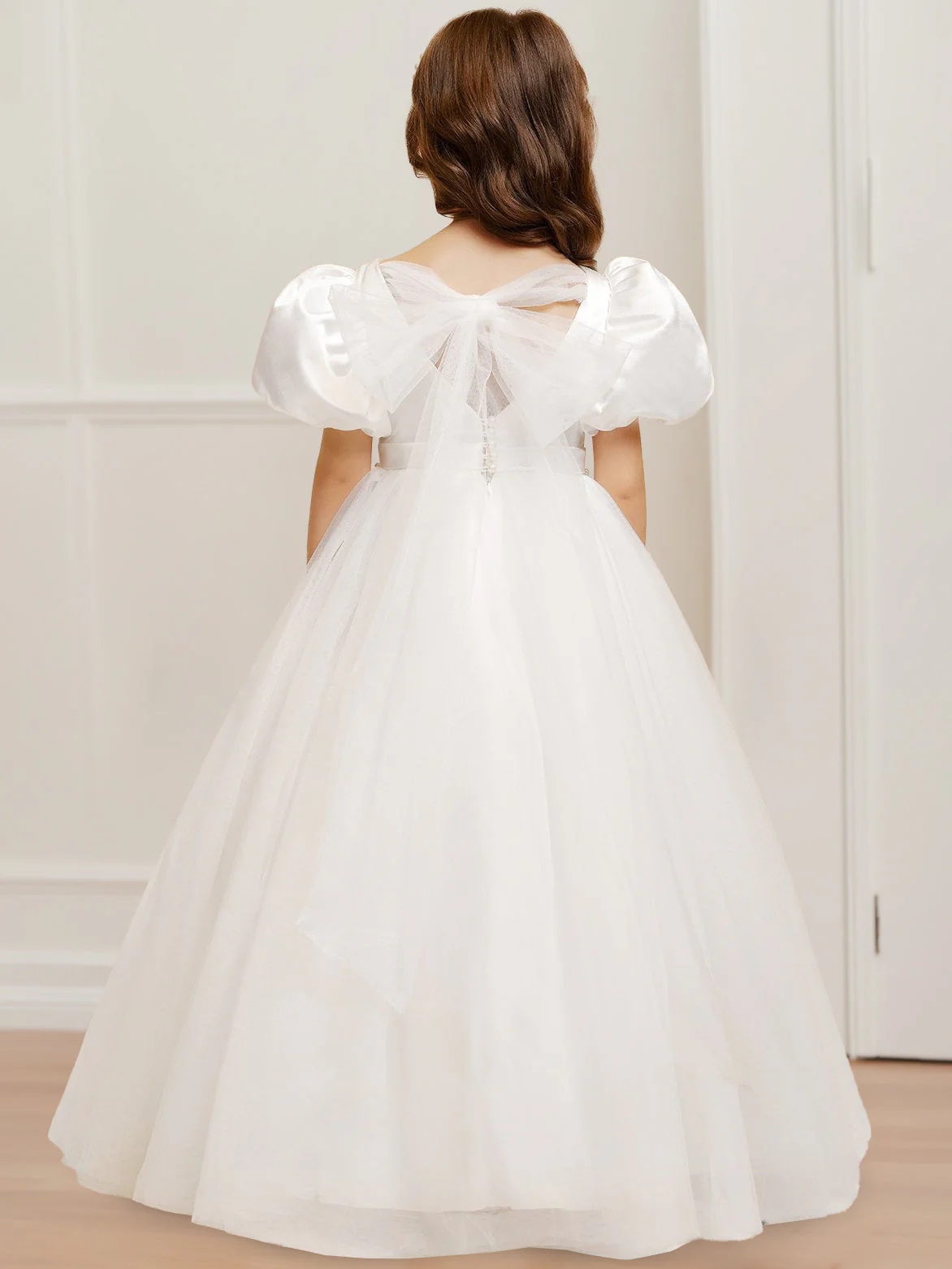 Ball Gown V-Neck Short Sleeves Floor-Length Flower Girl Dress with Beads & Bowknot - Image 2