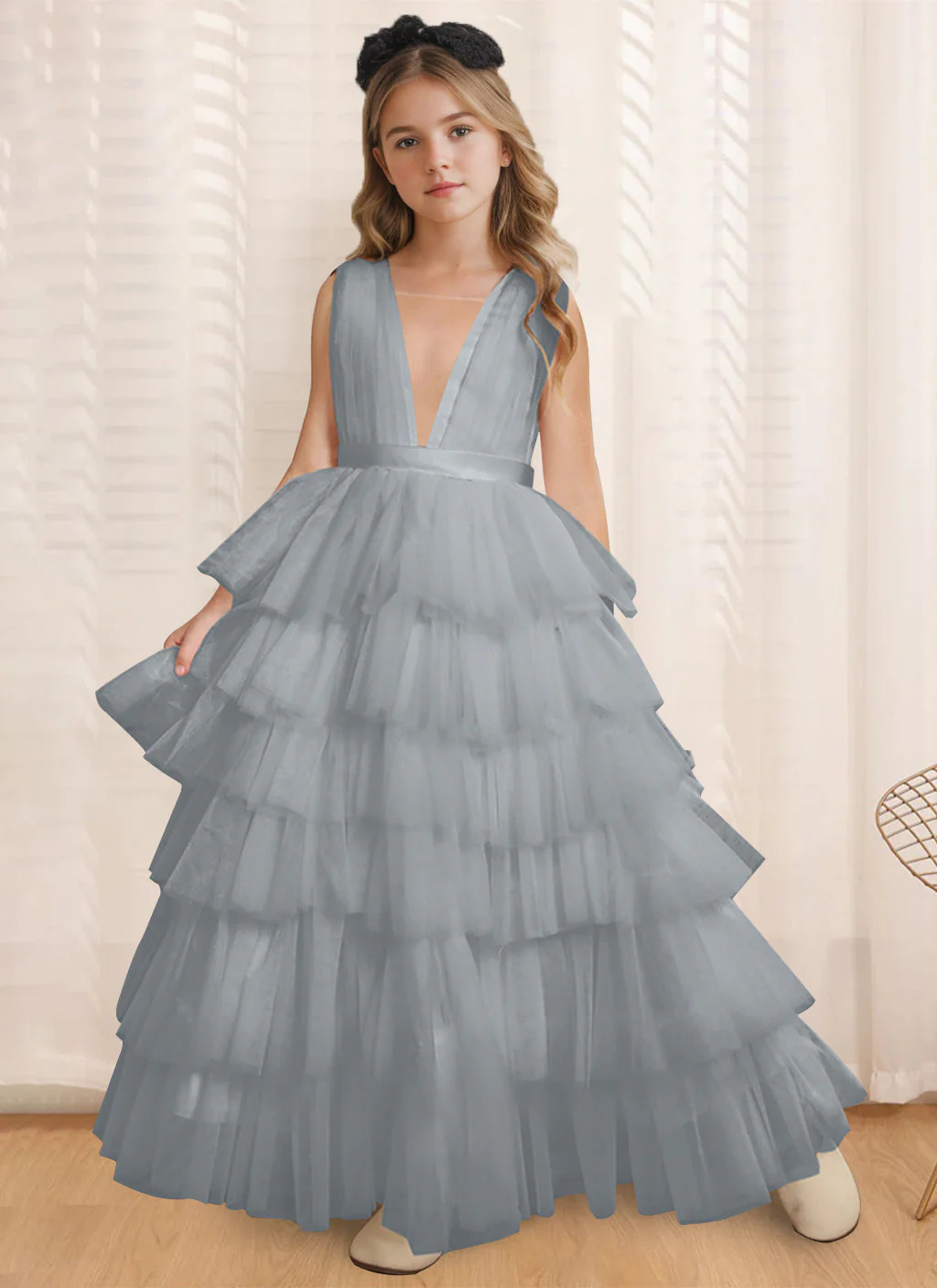 Ball-Gown V-Neck Sleeveless Floor-Length Flower Girl Dress With Ruffles - Image 12