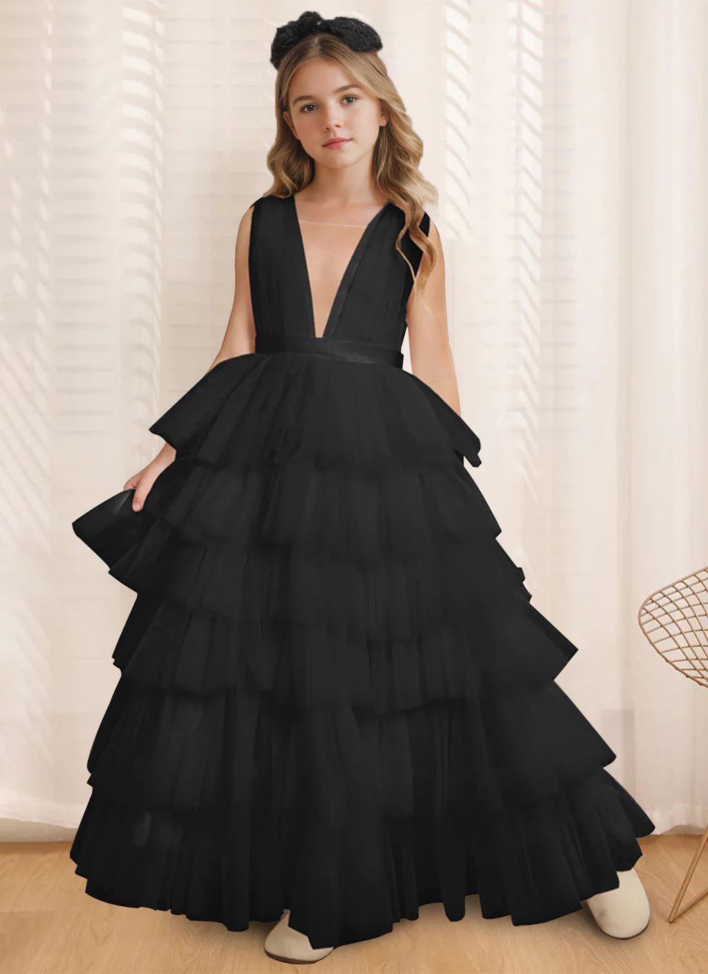 Ball-Gown V-Neck Sleeveless Floor-Length Flower Girl Dress With Ruffles - Image 5