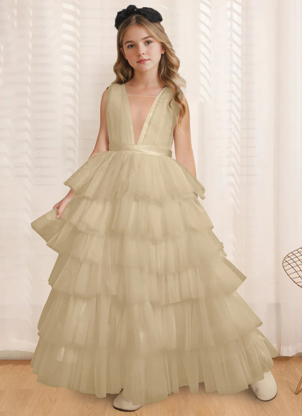 Ball-Gown V-Neck Sleeveless Floor-Length Flower Girl Dress With Ruffles - Image 9
