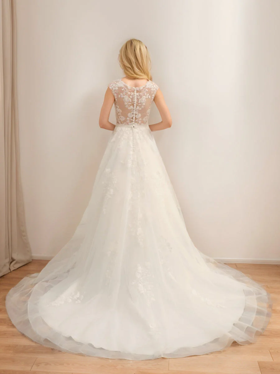Ball Gown V-Neck Sleeveless Tulle Wedding Dresses with Applique & Beading - Image 2