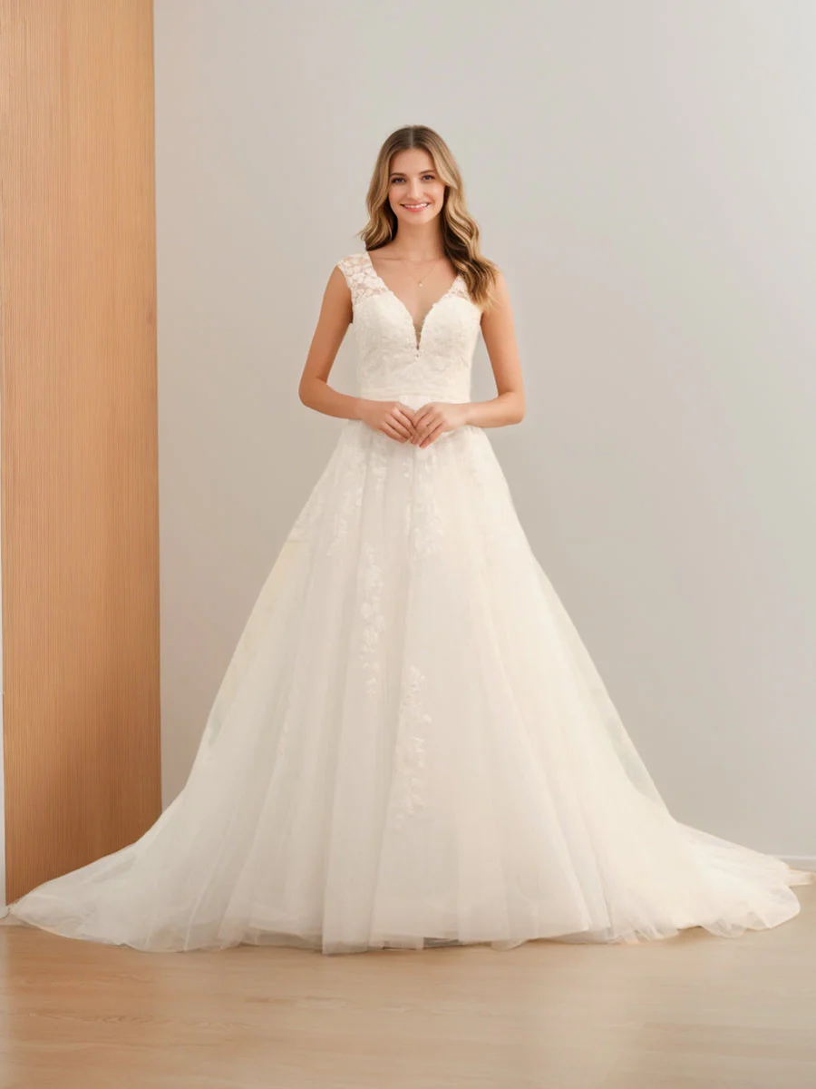 Ball Gown V-Neck Sleeveless Tulle Wedding Dresses with Applique & Beading - Image 4