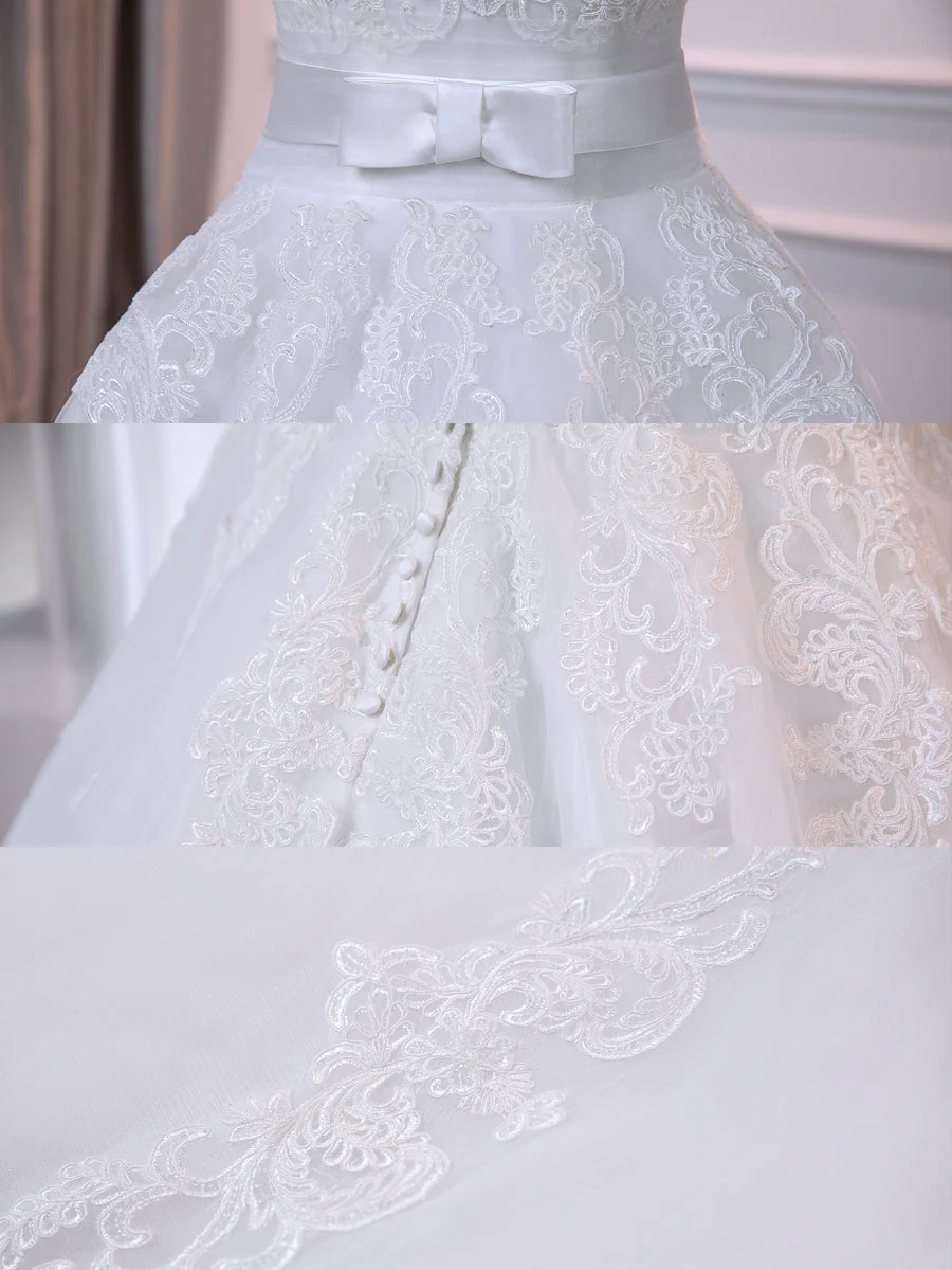 Ball Gown White V-Neck Sleeveless Wedding Dresses with Appliques & Bow Belt - Image 2