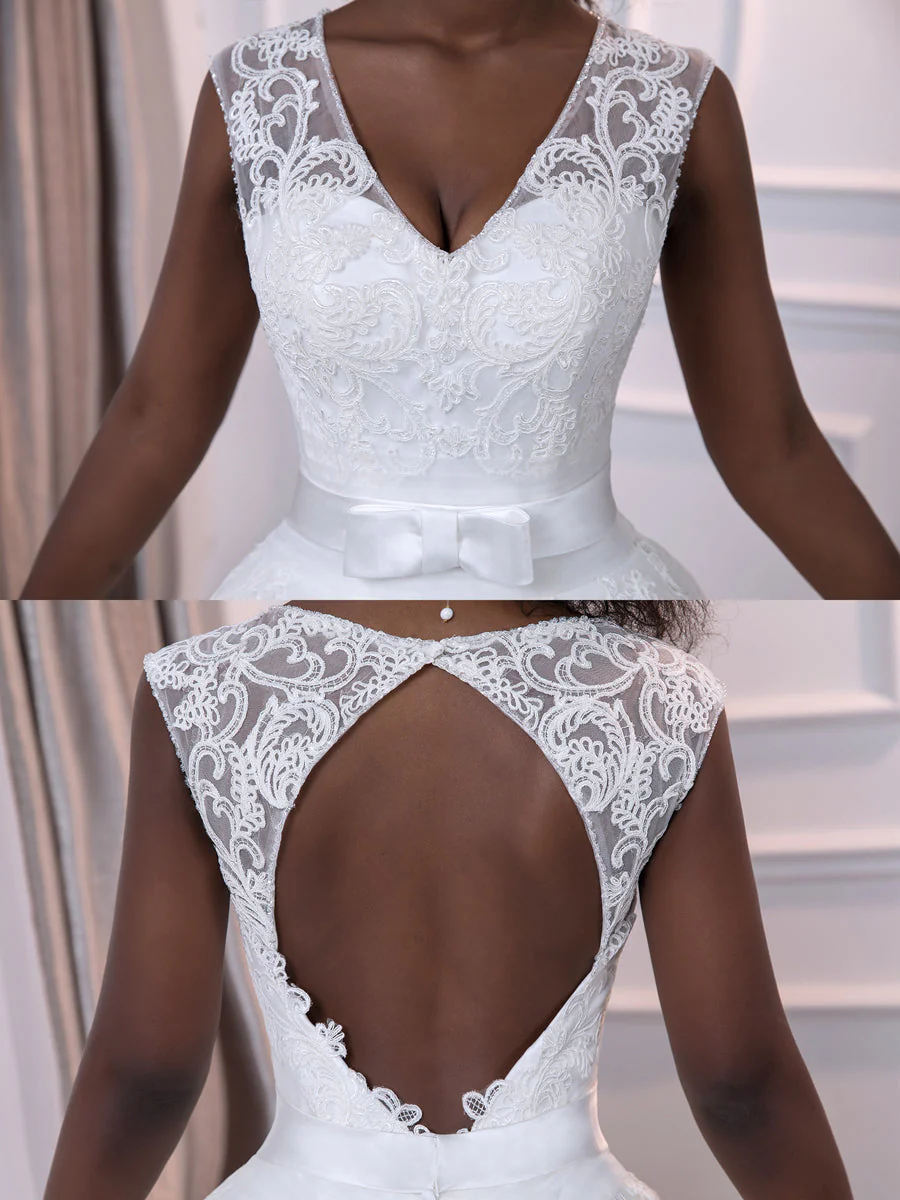 Ball Gown White V-Neck Sleeveless Wedding Dresses with Appliques & Bow Belt - Image 3