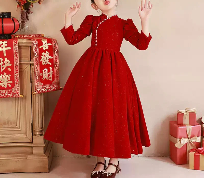 Beaded High Neck Long Sleeves Floor Length Red Girl Party Dress - Image 2