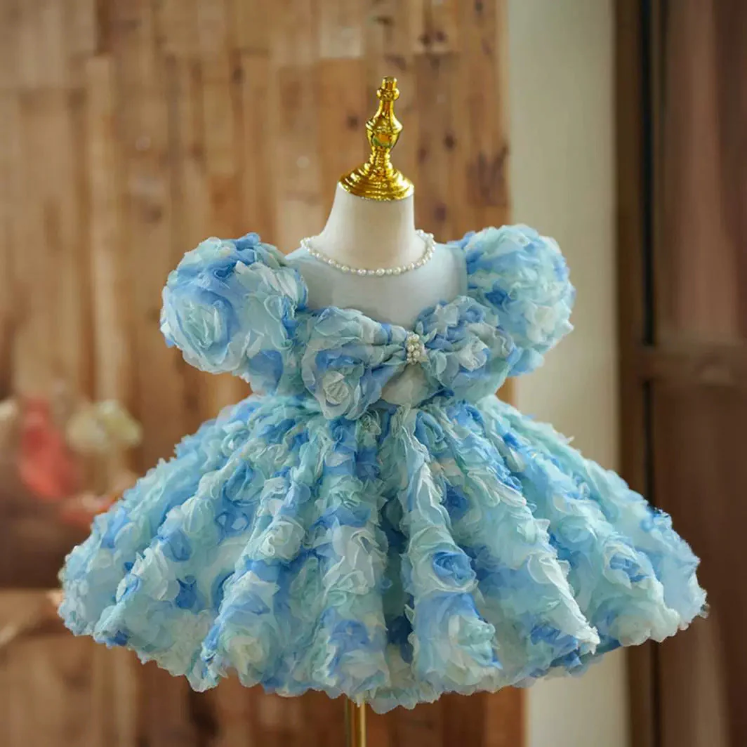 Beaded Round Neck Short Sleeves Knee-Length Baby Girl Dress with Ruched Flowers - Image 3