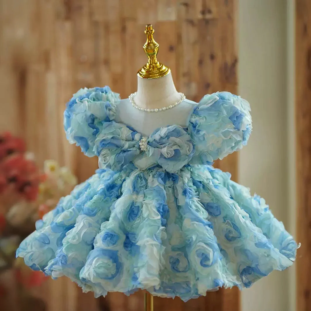 Beaded Round Neck Short Sleeves Knee-Length Baby Girl Dress with Ruched Flowers - Image 4