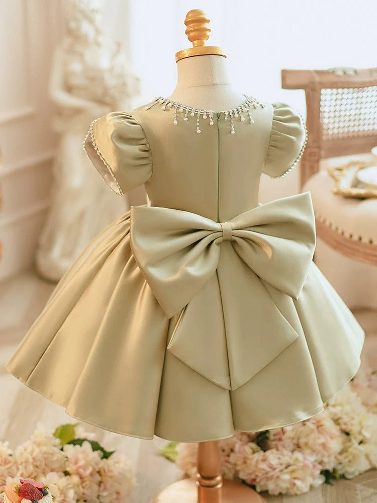 Beaded Round Neck Short Sleeves Knee-Length Baby Girl Party Dress with Bow - Image 2