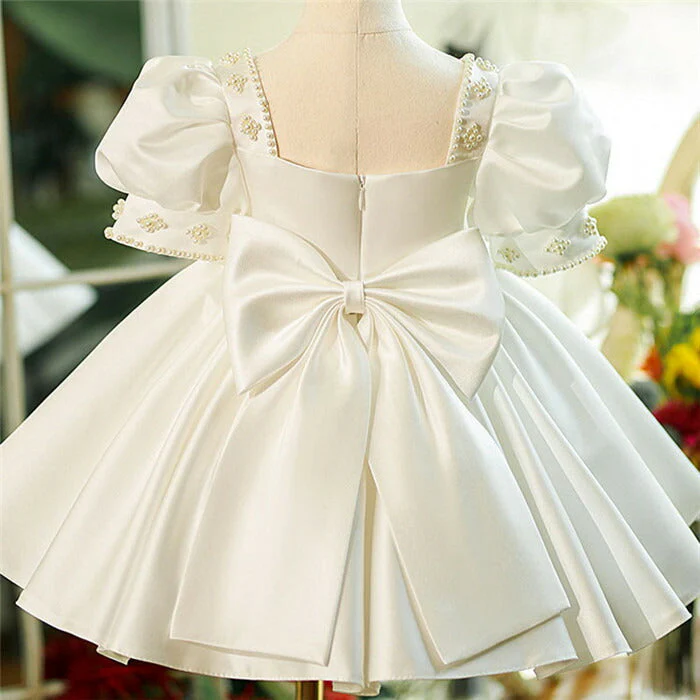 Beaded Short Sleeves Knee Length Square Neck Baby Flower Girl Dress with Bow - Image 2
