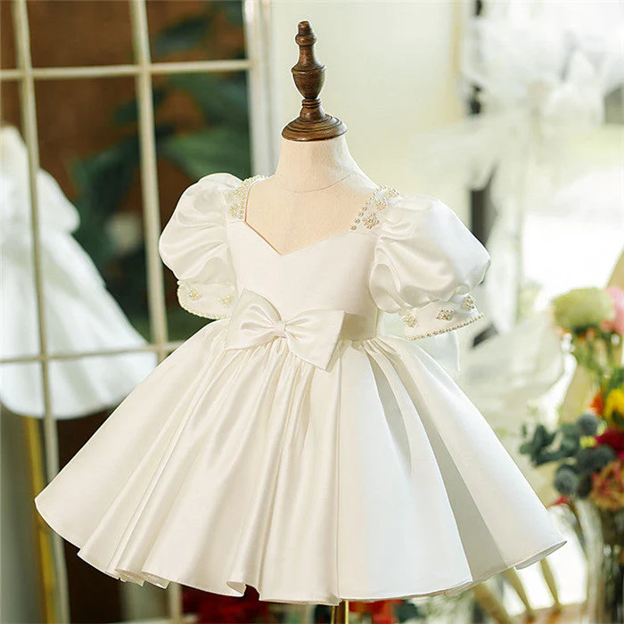 Beaded Short Sleeves Knee Length Square Neck Baby Flower Girl Dress with Bow - Image 3