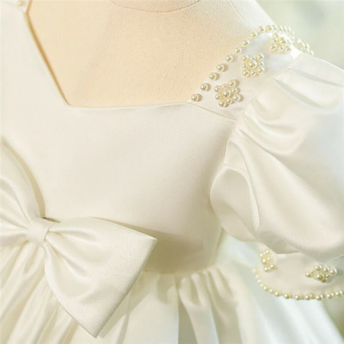 Beaded Short Sleeves Knee Length Square Neck Baby Flower Girl Dress with Bow - Image 4
