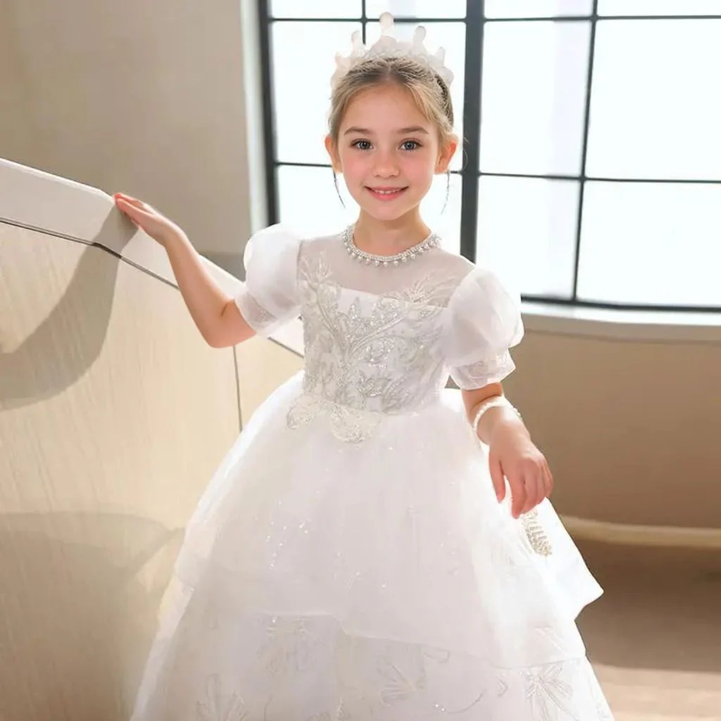 Beading Round Neck A-Line/Princess Flower Girl Dress with Rhinestone Appliques - Image 5