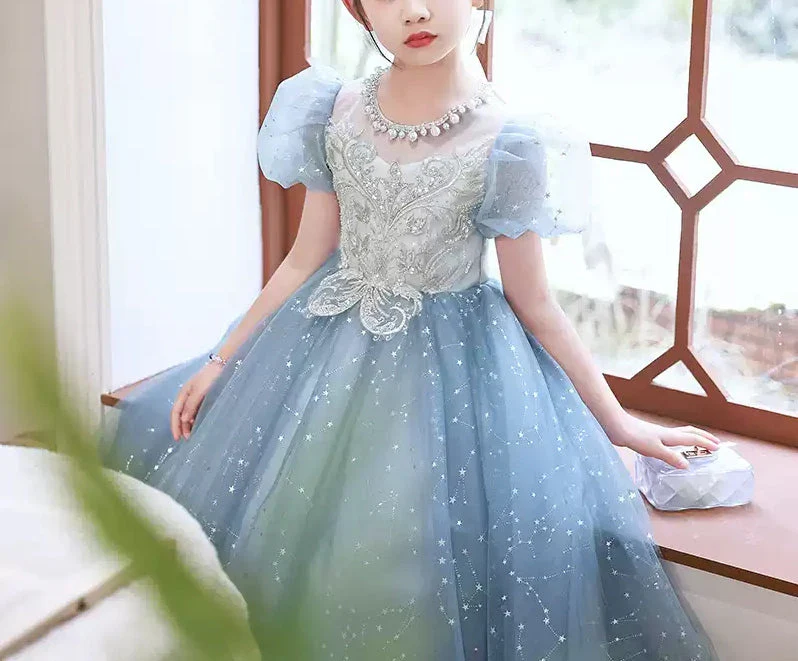 Beading Round Neck Short Sleeves Princess Girl Party Dress with Crystal Appliques - Image 5
