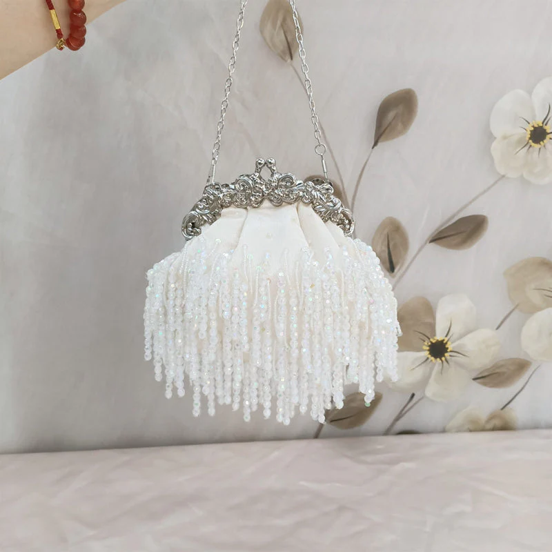 Beige Retro Silk Elegant Chain Evening Hand Bag with Beadings & Tassels