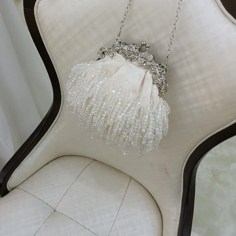 Beige Retro Silk Elegant Chain Evening Hand Bag with Beadings & Tassels - Image 6