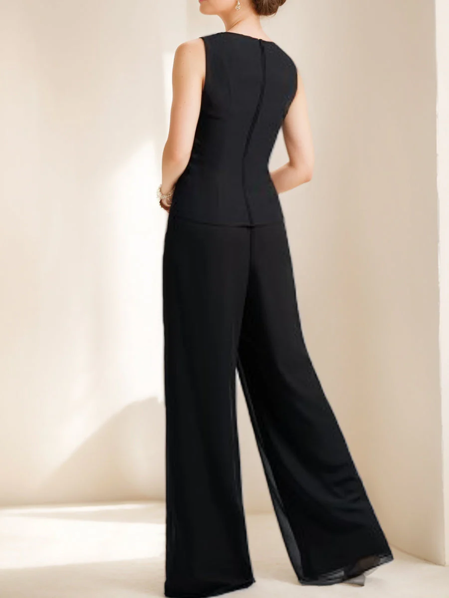 Black Chiffon Scoop 3/4 Sleeves Mother of the Bride Pantsuits with Appliques & Jacket - Image 2